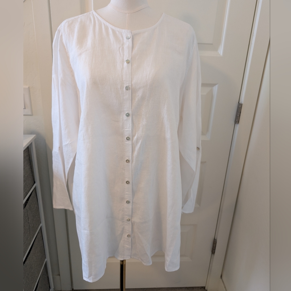 TAHARI Tunic Top Linen Button-Down White Long Sleeve Roll Tab Sleeves Plus Size